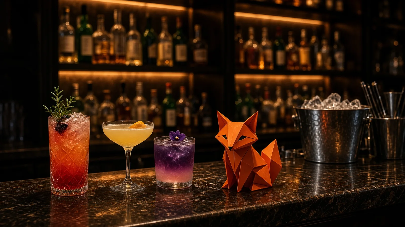 Comptoir d'un bar de nuit avec des cocktails